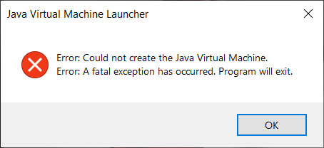 Java Virtual Machine error dialog